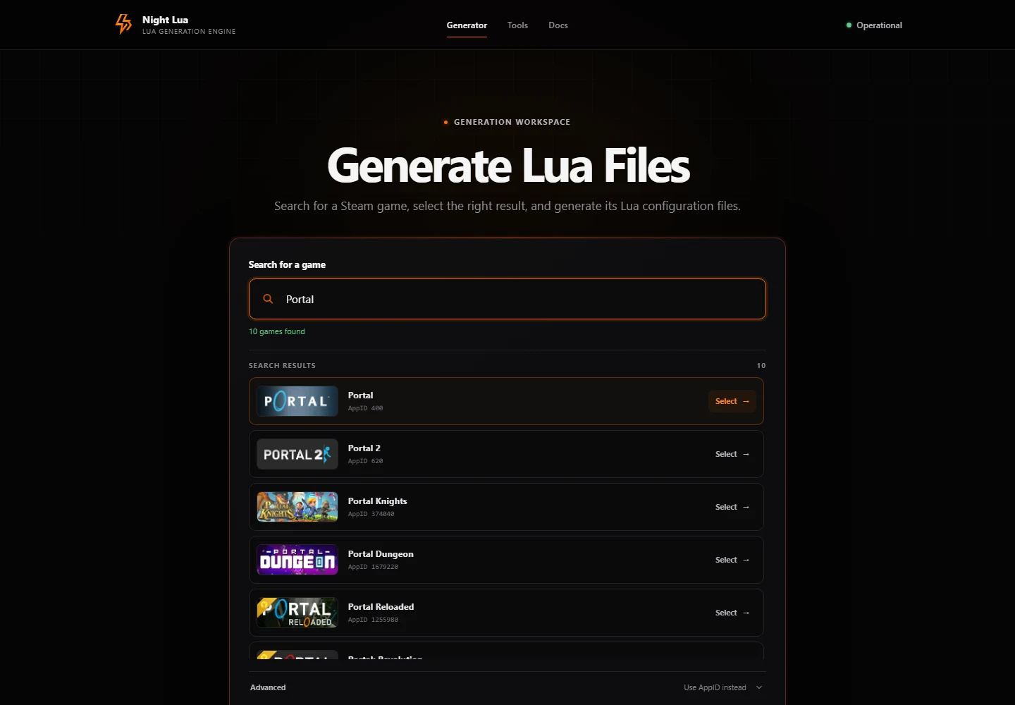 Real Steam search results for Portal in the Night Lua generator