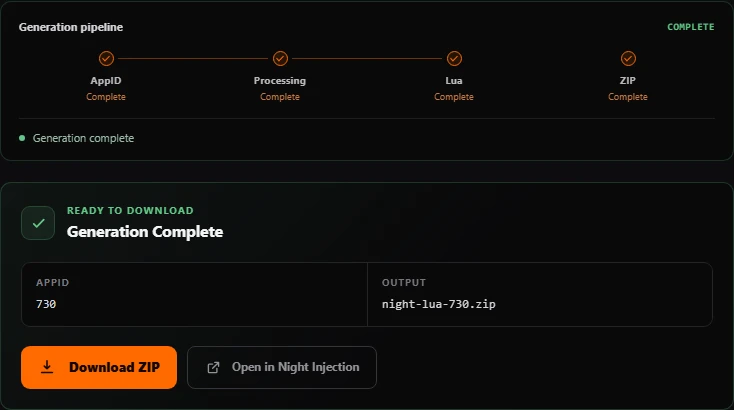 Night Lua shows Generation Complete and Download ZIP for AppID 730