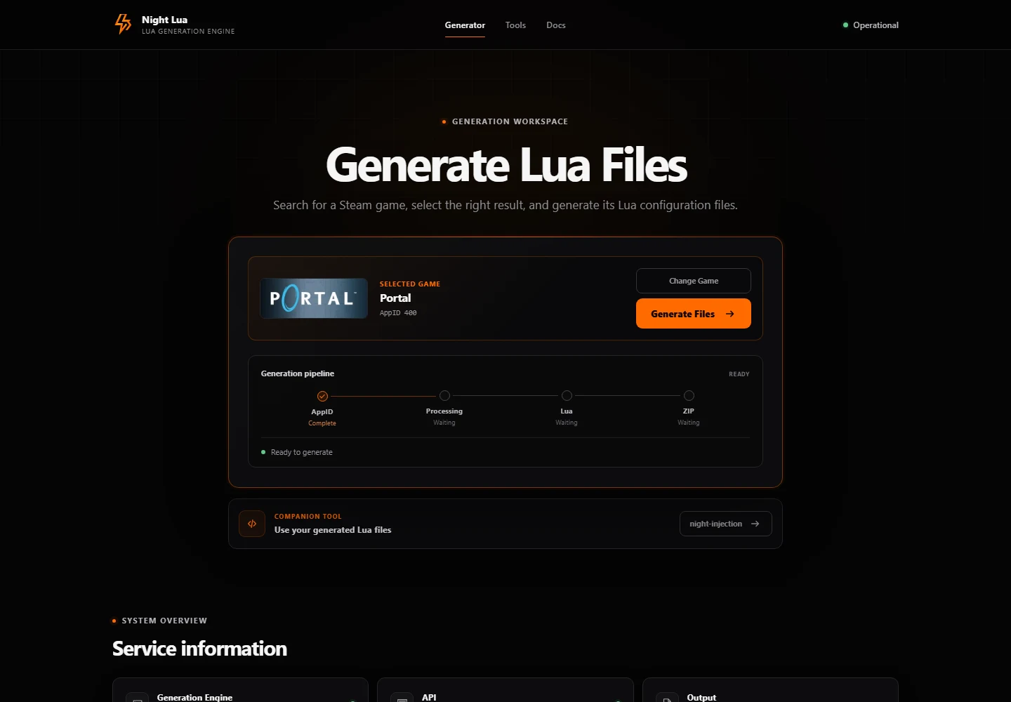 Night Lua selected game card showing a verified Steam AppID